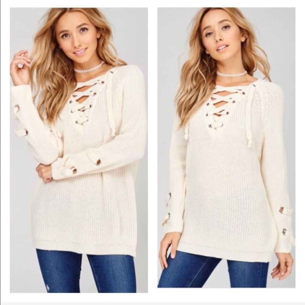 Oatmeal Lace Up Neckline Sweater - Picture 4 of 6